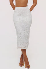 White Cotton Placement Lace Broderie Anglaise Midi Skirt