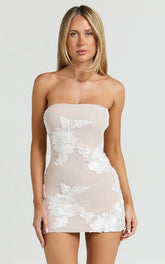 Shelby Mini Dress - Strapless Rosette Bodycon Dress in White