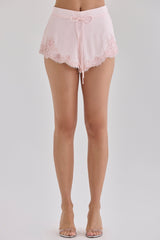Crystal Pink Satin Custom Hand Beaded Embellished Lace Trim Mini Shorts