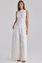 White Cotton Placement Lace Broderie Anglais Boat Neck Top