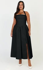 Helda Midi Dress - Halter Tie Neck Corset Panel Dress in Black