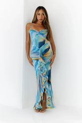Abstract Swirl Maxi Dress Blue