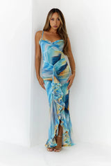 Abstract Swirl Maxi Dress Blue
