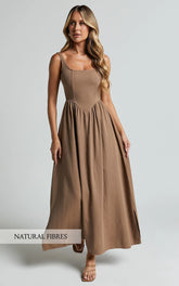 Rhaziya Midi Dress - Sleeveless Straight Neck Fit and Flare Dress in Tobacco