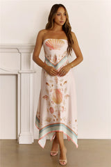 Coastal Chic Strapless Scarf Print Midi Dress Pink