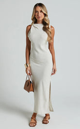 Jessenia Midi Dress - Linen High Neck Dress in Natural