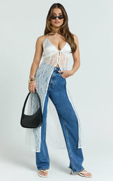 Luna Top - Satin and Lace Tie Back Long Line Top in Ivory