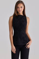 Black Cotton Placement Lace Broderie Anglaise Boat Neck Top