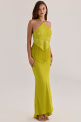 Chartreuse Satin Custom Embellished Fringed Maxi Dress - Limited Edition