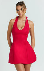 Lauren Mini Dress - Halter Scoop Neck Dress in Red