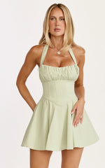 Vionette Mini Dress - Halter Neck Ruched Bust Corset Dress in Sage