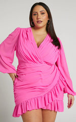 Can I Be Your Honey Mini Dress - Plunge Balloon Sleeve Dress in Hot Pink