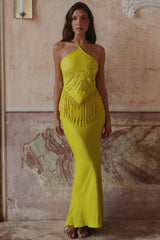 Chartreuse Satin Custom Embellished Fringed Maxi Dress - Limited Edition