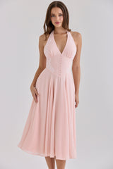 Pink Georgette + Lace Placement Halter Neck Midi Dress
