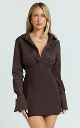 Gino Mini Dress - Collared Button Down Corset Waist Shirt Dress in Chocolate