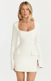 Zita Mini Dress - Long Sleeve Tailored Tulip Dress in Off White