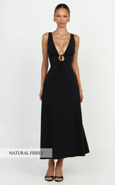 Silvena Midi Dress - V Neck Tie Front A Line Dress in Black