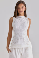 White Cotton Placement Lace Broderie Anglais Boat Neck Top