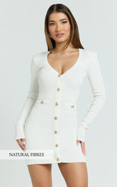 Nikka Mini Dress - Long Sleeve V Neck Bodycon Knit Dress in Cream