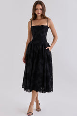 Black Custom Lace + Broderie Anglaise Cotton Midi Sundress