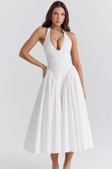 White Cotton Halter Midi Sundress