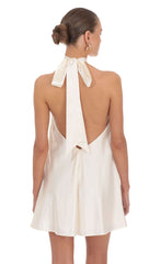 Satin Ring Halter Mini Dress in White