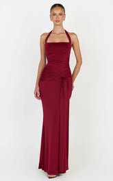 Amaya Maxi Dress - Draped Sash Halter Dress in Burgundy