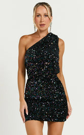 Lucy Mini Dress - One Shoulder Sequin Dress in Black