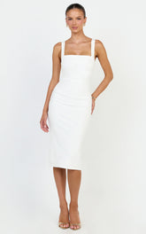 Tiffy Midi Dress - Square Neck Ruched Bodycon Dress in White