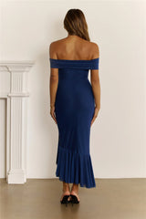 Daily Glow Off Shoulder Mesh Midi Dress Navy