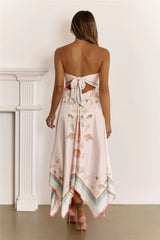 Coastal Chic Strapless Scarf Print Midi Dress Pink