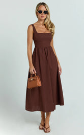 Khari Midi Dress - Linen Look Square A Line Dress in Chocolate
