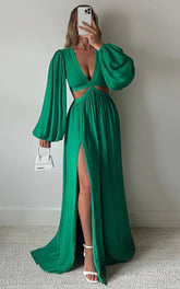 Paige Maxi Dress - Side Cut Out Balloon Sleeve Dress in Green