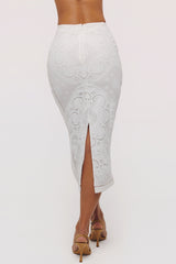 White Cotton Placement Lace Broderie Anglaise Midi Skirt