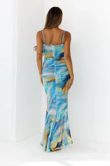 Abstract Swirl Maxi Dress Blue