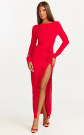 Vivienne Midi Dress - Boat Neck Long Sleeve Rosette Detail Dress in Red