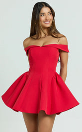 Rosabel Mini Dress - Off Shoulder Fit And Flare Dress in Red