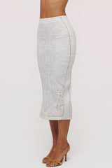 White Cotton Placement Lace Broderie Anglaise Midi Skirt