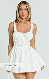 Keegan Mini Dress - Ruched Bust Front Tie Gathered Skirt Dress in White