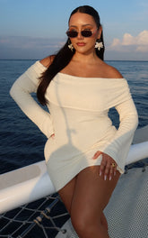 Pietra Mini Dress - Knitted Off Shoulder Dress in Cream