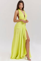 Acid Lime Backless Halter Maxi Dress