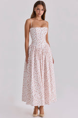 White Rose Print Cotton Midi Sundress