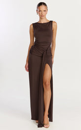Coraline Maxi Dress - High Neck Sleeveless Draped Sash Dress in Chocolate