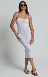Adalene Midi Dress - Sleeveless Scoop Neck Slip Dress in White