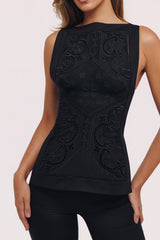 Black Cotton Placement Lace Broderie Anglaise Boat Neck Top