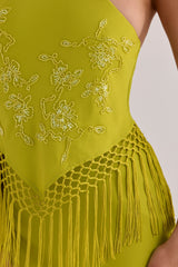 Chartreuse Satin Custom Embellished Fringed Maxi Dress - Limited Edition
