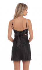 Satin Lace Sweetheart Neck Dress in Black