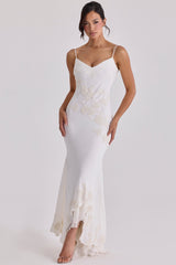 Vintage Ivory Satin Hand Beaded Embellished Maxi Dress